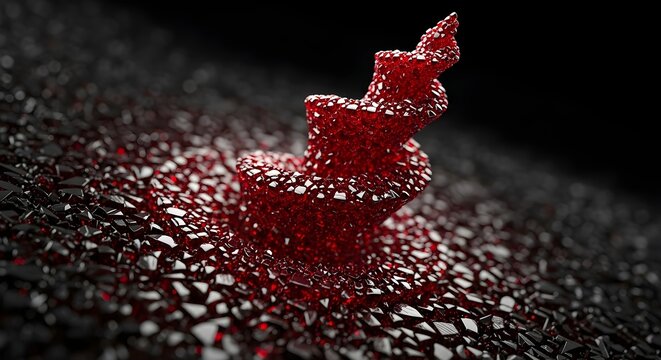 Intricate red ruby and garnet gemstone fragments in sparkling fractal formation against dark textured background