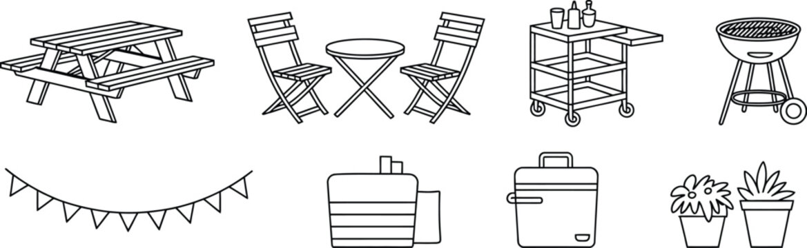 outdoor patio set vector illustration featuring picnic table barbecue grill and decorative elements for garden relaxation and summer outdoor living concept