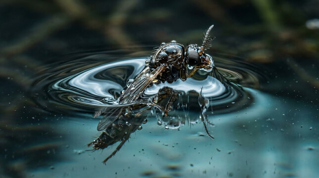 A close-up macro photograph captures a water strider insect with its prey on the surface of rippling water.
