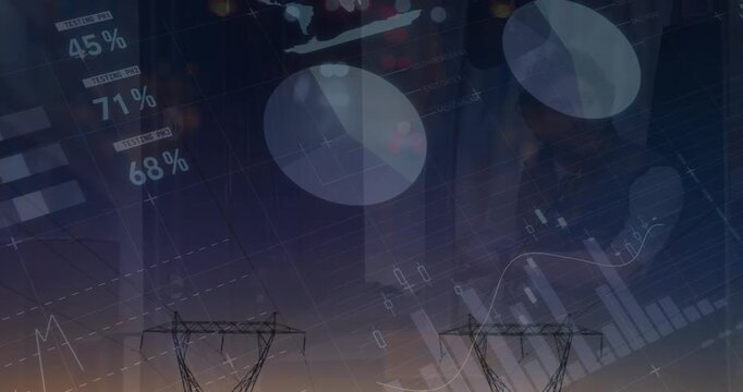 Animation of financial data over electricity poles at sunset