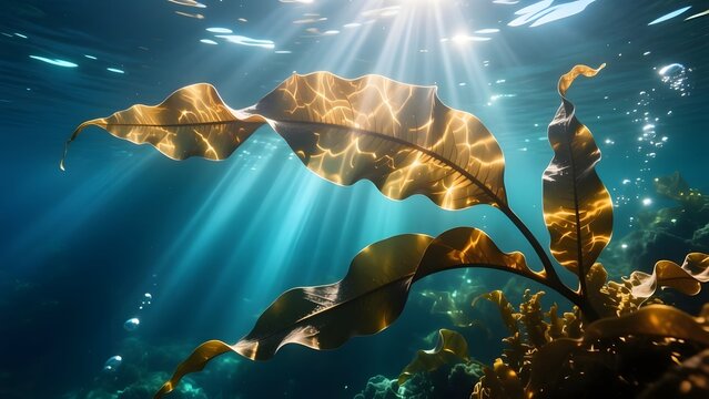 Underwater kelp forest with sunbeams, golden brown seaweed leaves in deep blue ocean water, ethereal marine ecosystem with light rays