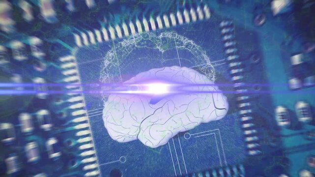Animation of bright light moving on human brain with circuit board on digital interface