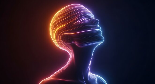 Profile of a head formed by flowing light lines. Neuroscience and cognitive brain function concept. Person looking upward with glowing data paths