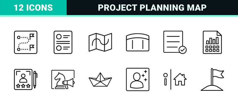 Minimalist business roadmap and project strategy line icons