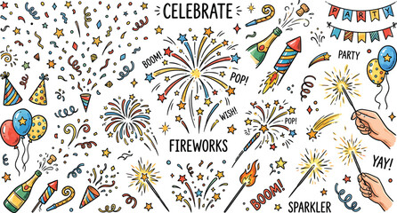 A colorful illustration of various party objects and fireworks celebrating a festive occasion with sparklers and balloons Ai, eps, jpg, transparent background, png © PYARA