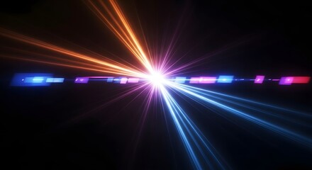 Fototapeta premium Central data node and glowing light beam intersection. Neural network and artificial intelligence processing. Colorful light flares and lens effects representing high tech communication.