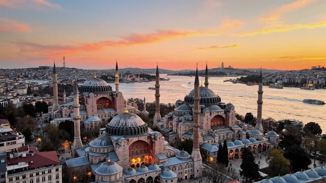 Aerial view of Hagia Sophia and Sultanahmet Mosque in Istanbul at sunset