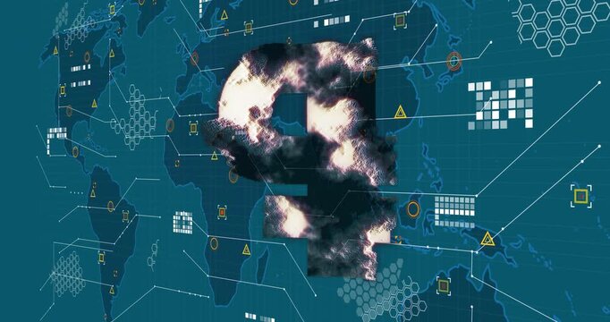 Animation of ruble icon over world map and data