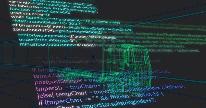 Green wireframe truck model floating on blue grid floor, displaying teal and pink code overlays