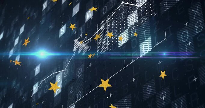 Golden five-pointed stars floating over dark blue matrix, displaying rising graph, currency panels