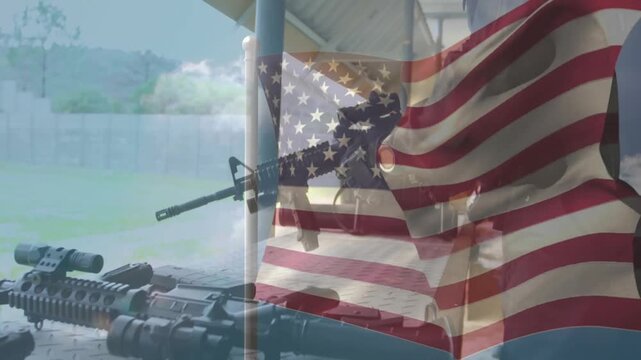 Man selecting rifle under flag overlay, checking disassembling cleaning reassembling maintenance