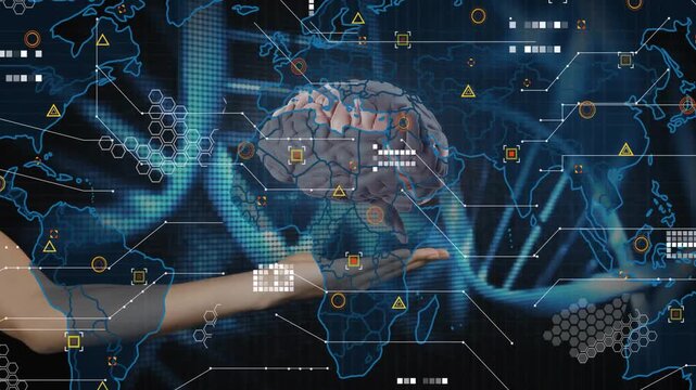 Helix pulsing showing map icons while gloved hand lifting rotating brain displaying network data