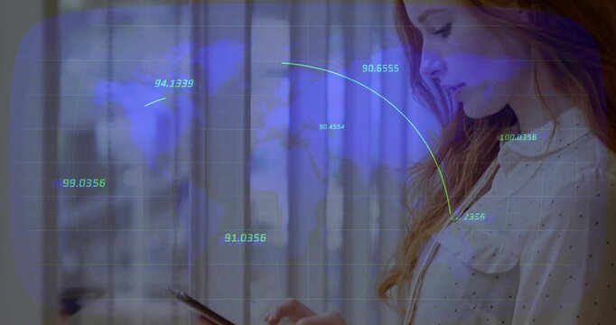 Woman beside glass wall tapping tablet screen while animated world map network connections forming