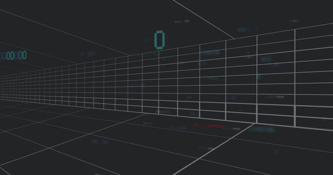 On loading animating turquoise zero drifting through 3D grid corridor, digits depicting data flow