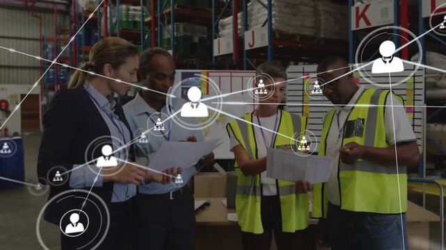 Manager pointing stock sheets as team checking device starting warehouse overlay growing over racks