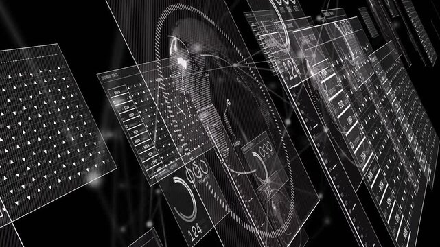 Wireframe nodes pulsing, summoning HUD panels sliding and updating globe, gauges, currency readouts