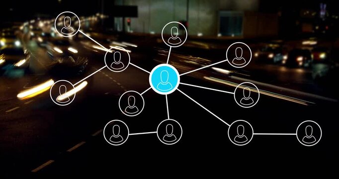 Central blue node appearing, linking avatars into hub-spoke network over city night road for tech