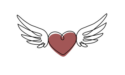 Fototapeta premium Continuous line art of a red heart with wings, elegant winged heart illustration on white background, concept of love and freedom. Vector illustration