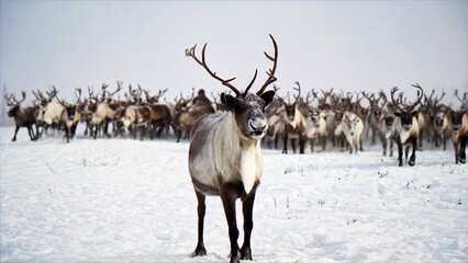 Obraz premium Majestic reindeer herd in snowy arctic landscape, large caribou with impressive antlers standing in winter tundra, wild deer migration in snow