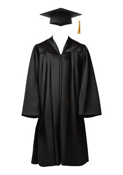 Realistic graduation gown and cap. Traditional suit of school, college and university graduates for decoration of graduation of college, school, university or degree ceremony. Vector illustration.