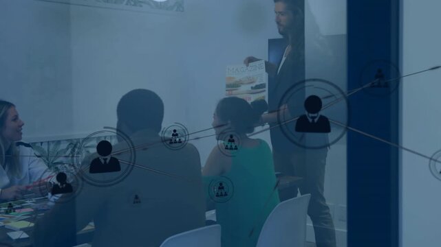 Vertical video: Lead pointing mockup, icons filling glass in business meeting, team linking ideas