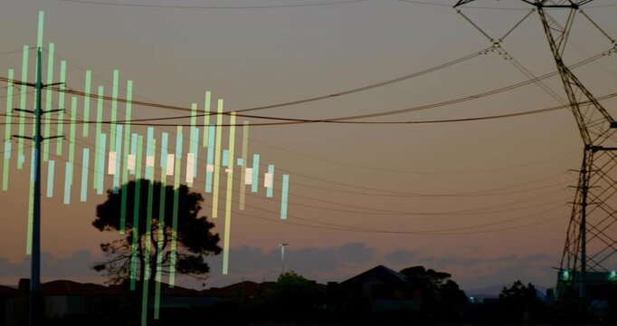 Animated translucent bars entering left and aligning with pole and pylons, showing power flow