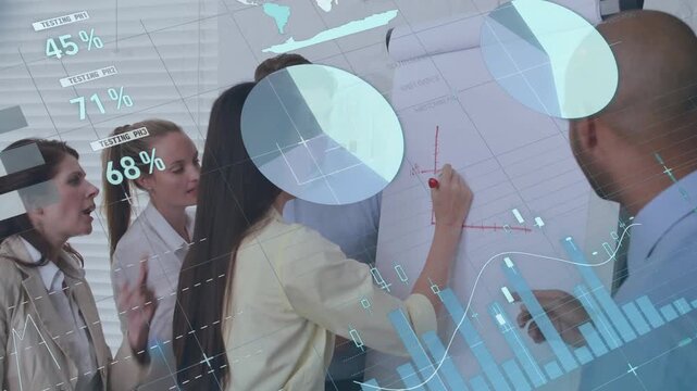 Bald man directing woman drawing red line on flipchart, business charts overlaying consensus