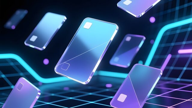 Futuristic glass credit cards floating in digital space, glowing neon fintech concept, transparent electronic payment cards on cyber grid background