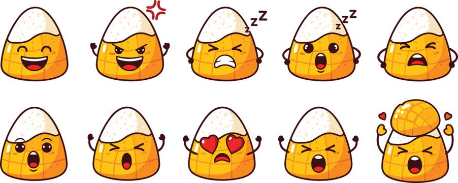 Set of ten cartoon candy corn characters with expressive faces showing emotions for playful Halloween vector projects