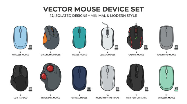 Collection of computer mouse vector icons including wireless ergonomic gaming and trackball designs