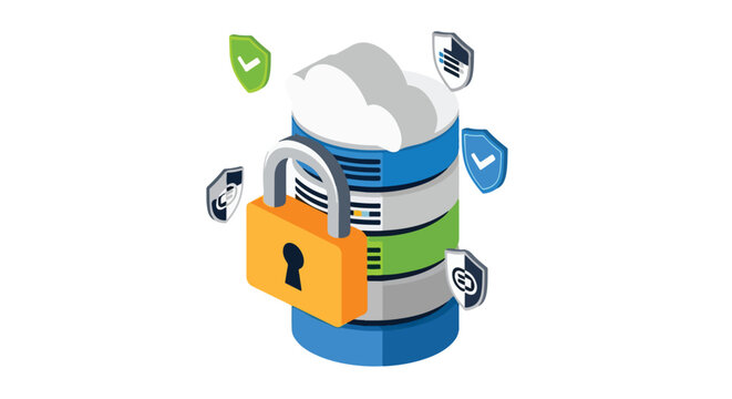 This isometric vector illustration features a secure database server protected by a large padlock and multiple floating security shields.