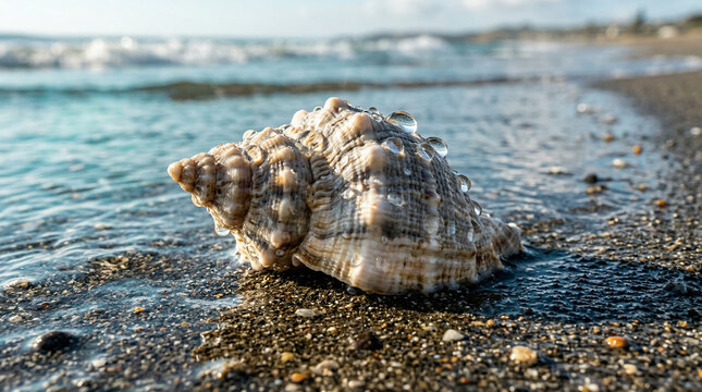 A detailed close-up of a textured seashell resting on a wet, sandy beach with gentle waves lapping at its base.