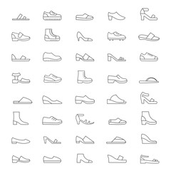 Obraz premium Footwear and Shoe Icon Set – Sneakers, High Heels, Boots and Fashion Shoes Vector Collection.eps10