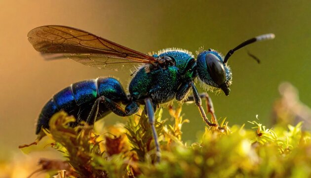 Close-up of a vibrant metallic blue bee on moss in natural habitat