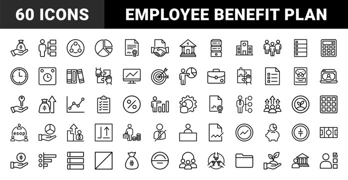 Business ESOP finance and employee benefit minimalist outline icons
