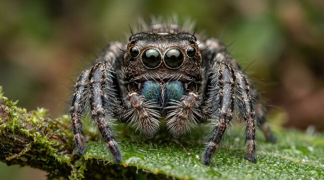A close-up, macro photograph of a small jumping spider with large, prominent eyes and iridescent blue chelicerae, perched on a mossy surface.