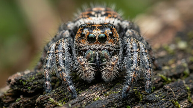 A close-up, front-facing view of a fuzzy jumping spider with large, iridescent green eyes perched on a mossy log.