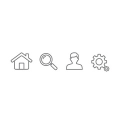 Fototapeta premium A set of four simple line icons representing a house, magnifying glass, user silhouette, and gear icon, ideal for user interface design and web applications