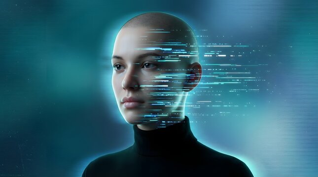 Humanoid robot and artificial intelligence development. Machine learning and future robotics. Close up of a female face with digital data streams on one side