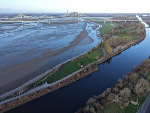 River Mersey Aerial View of Bright River Scene and Green Coastal Plains