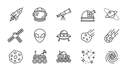 Space Exploration Icons Set Rocket Astronaut Telescope UFO. © Ali