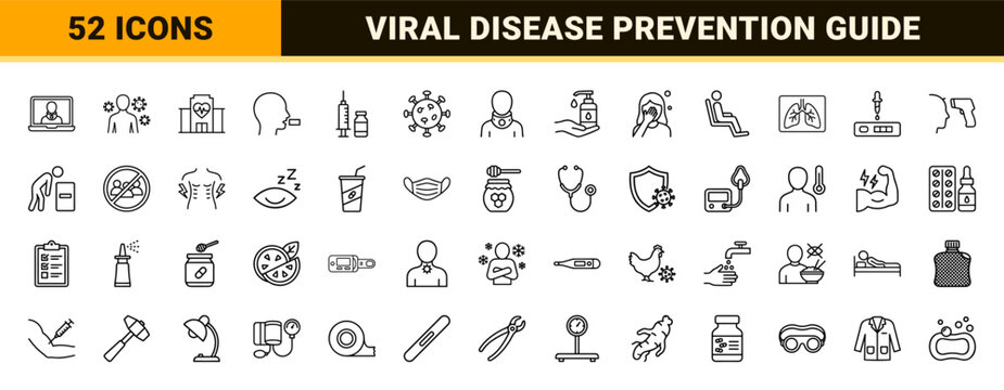 Flu symptoms and medical prevention outline icons
