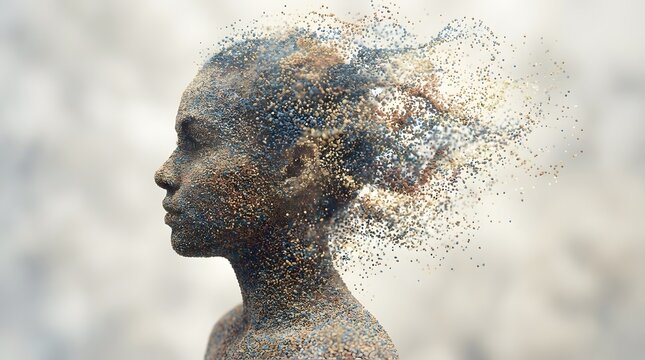 Human disintegration and digital transcendence. Molecular decomposition and particle physics. Profile of a head dissolving into a cloud of colorful floating data particles and dust.