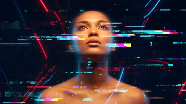 Digital glitch effect and data distortion. Virtual reality immersion and signal interference. Woman looking up with colorful pixelated glitches and light leaks across her face.