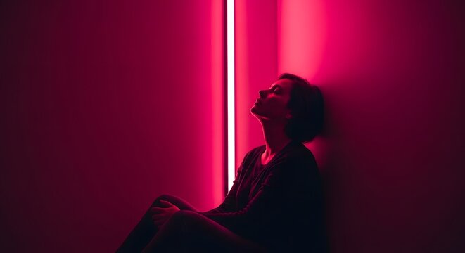 Lonely woman sitting in neon pink light room. Cyberpunk aesthetic and digital isolation. Pensive girl leaning against wall in glowing red futuristic interior