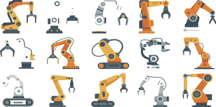 Factory robot arms and cranes set for manufacturing industry, flat automation machinery and mechanical control equipment vector collection