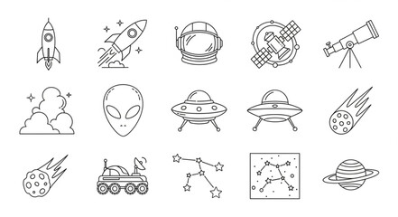 Space icons with planets and rockets. © Ali