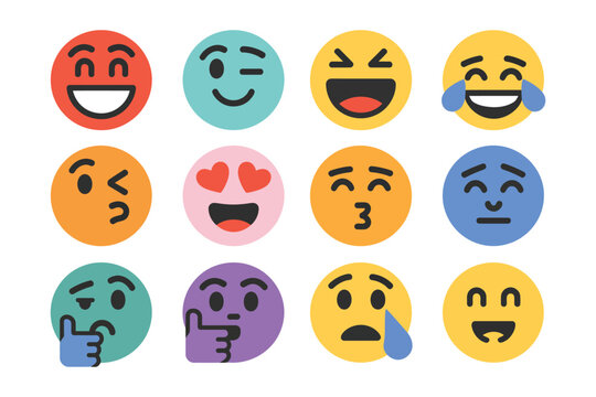 Flat style colorful emoji icon collection, expressive face set with multiple emotions including happiness, sadness, anger, surprise, and neutral reactions, simple modern vector design for messaging an