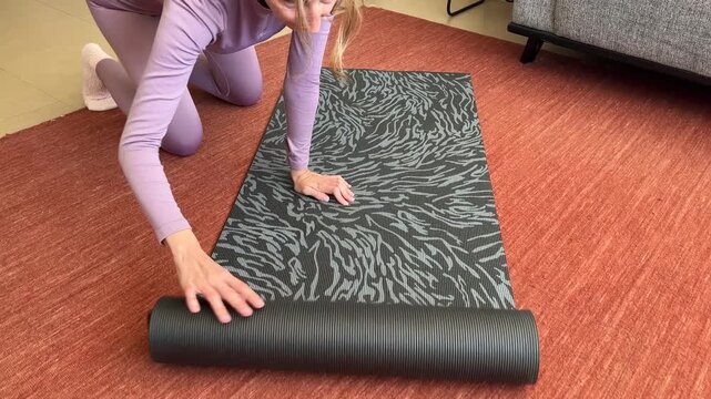 Mujer desenrollando esterilla de ejercicio en el sal&oacute;n