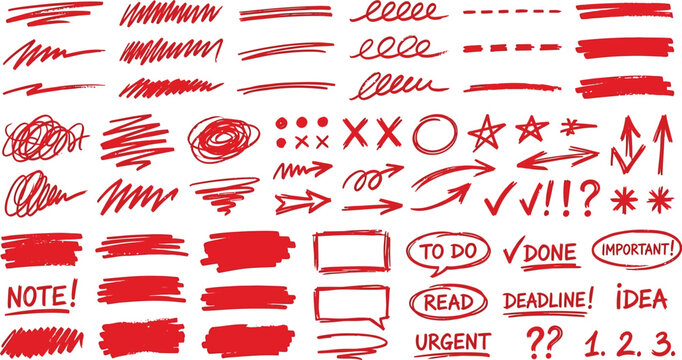 A collection of red hand-drawn symbols and notes    for organizing and highlighting important information. Ai, eps, jpg, transparent background, png